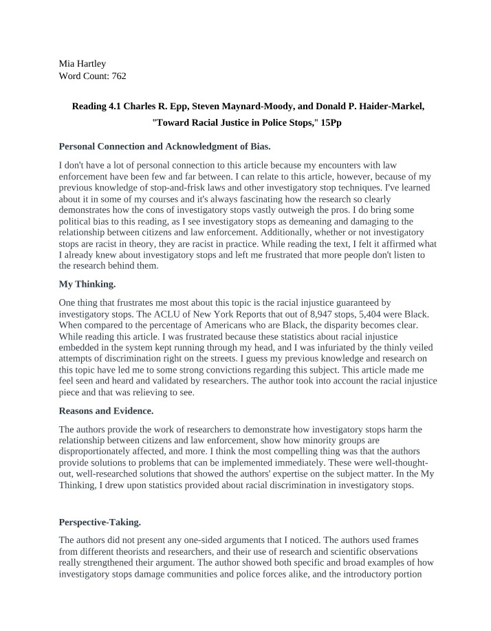 Reading 4.1 Analysis - Toward Racial Justice in Police Stops