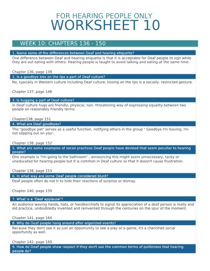 Deaf and Hearing Etiquette Differences - Worksheet 10