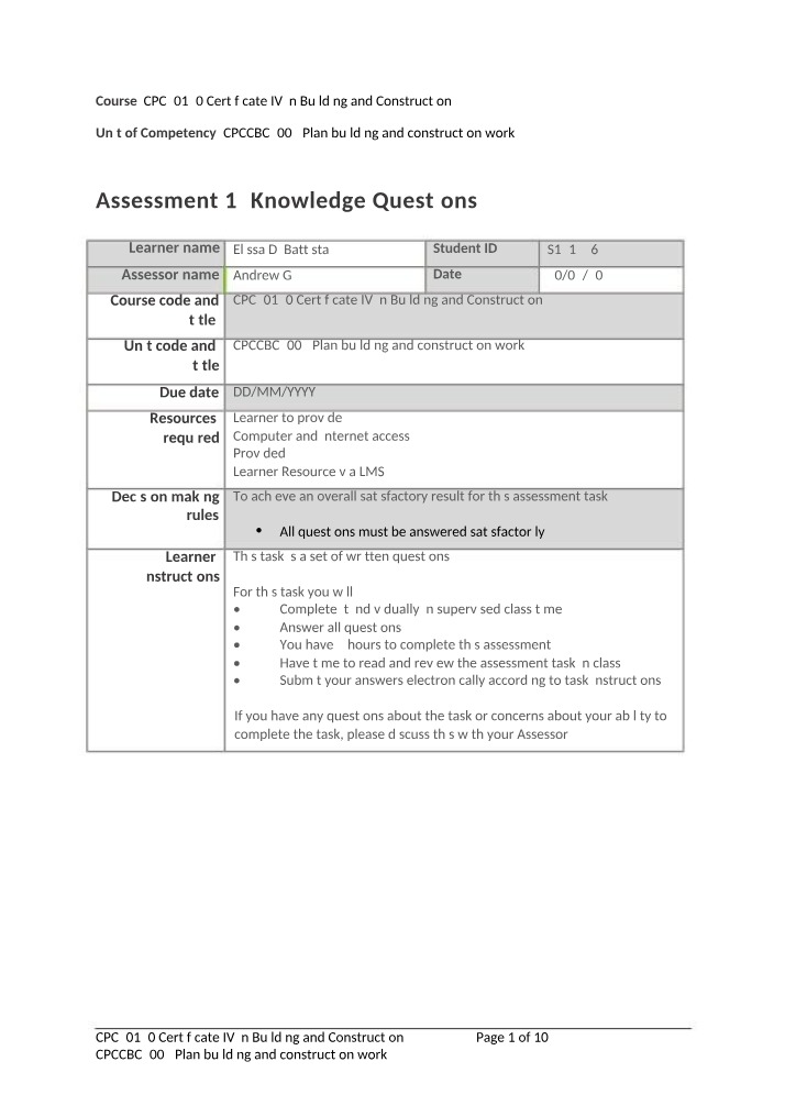 Knowledge Questions for Assessment 1