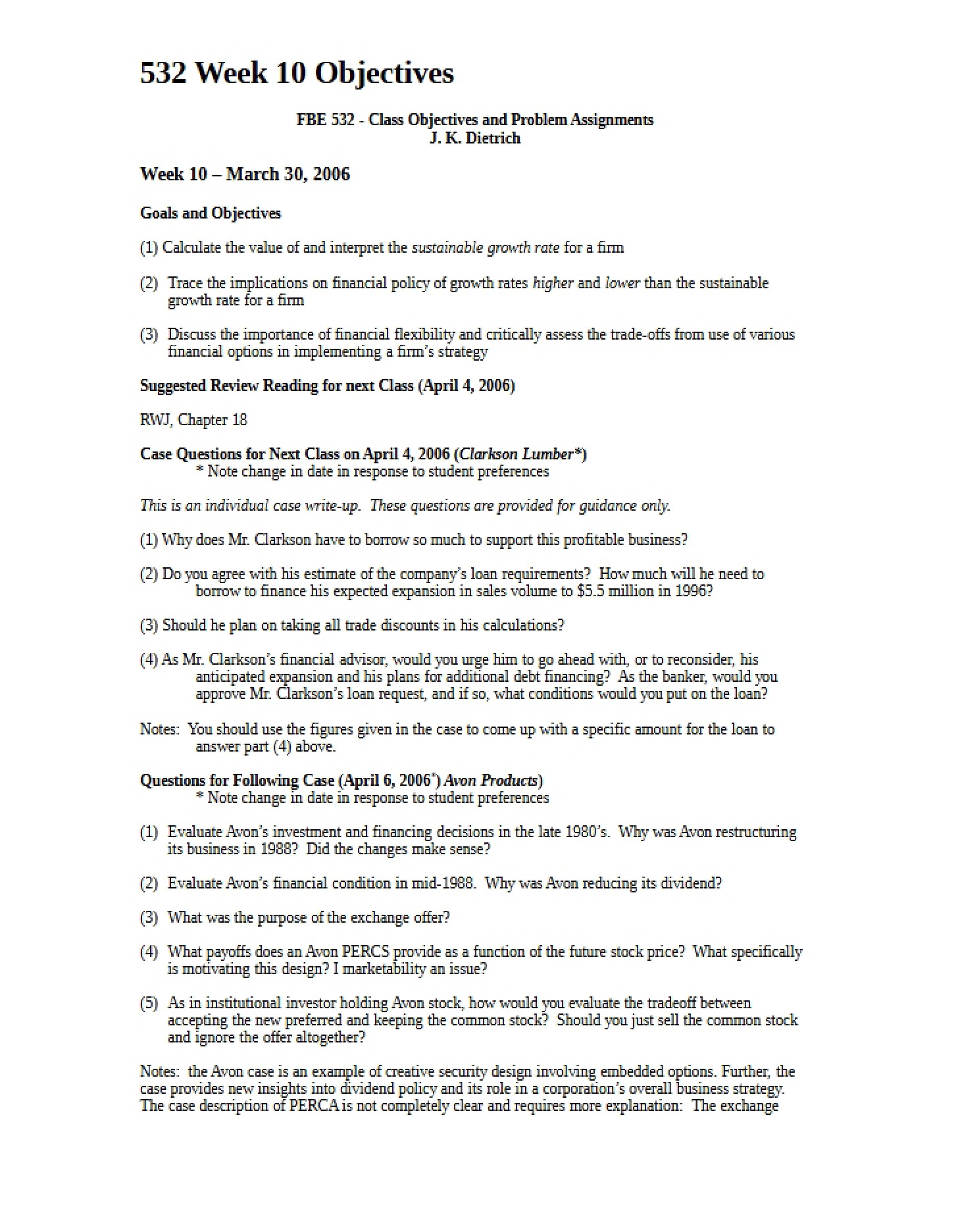 Week Ten Objectives 2006
