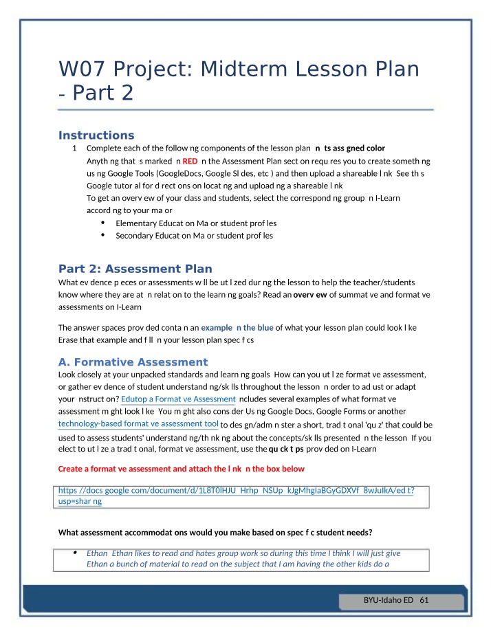 Midterm - Utilizing Formative Assessment for Lesson Adaptation