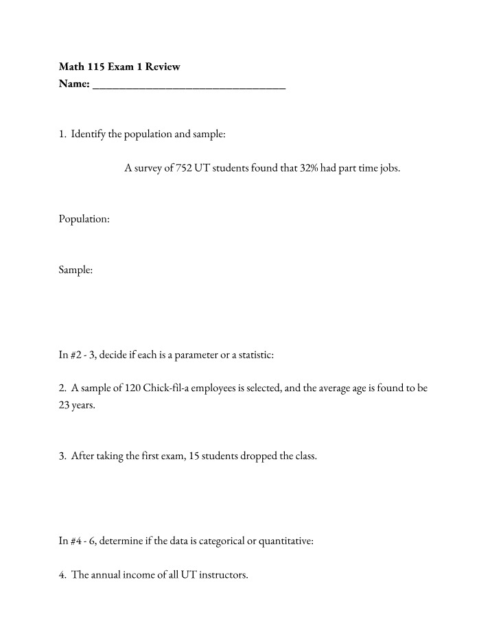 Exam 1 Review for Math 115