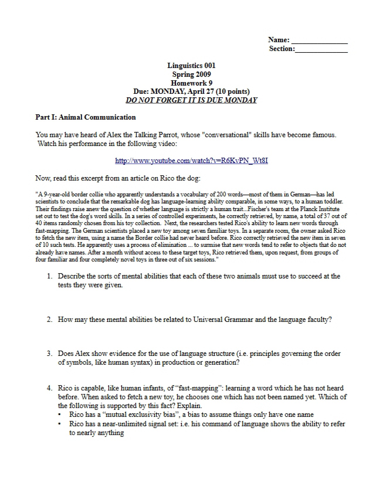 Homework Nine Part I Animal Communication