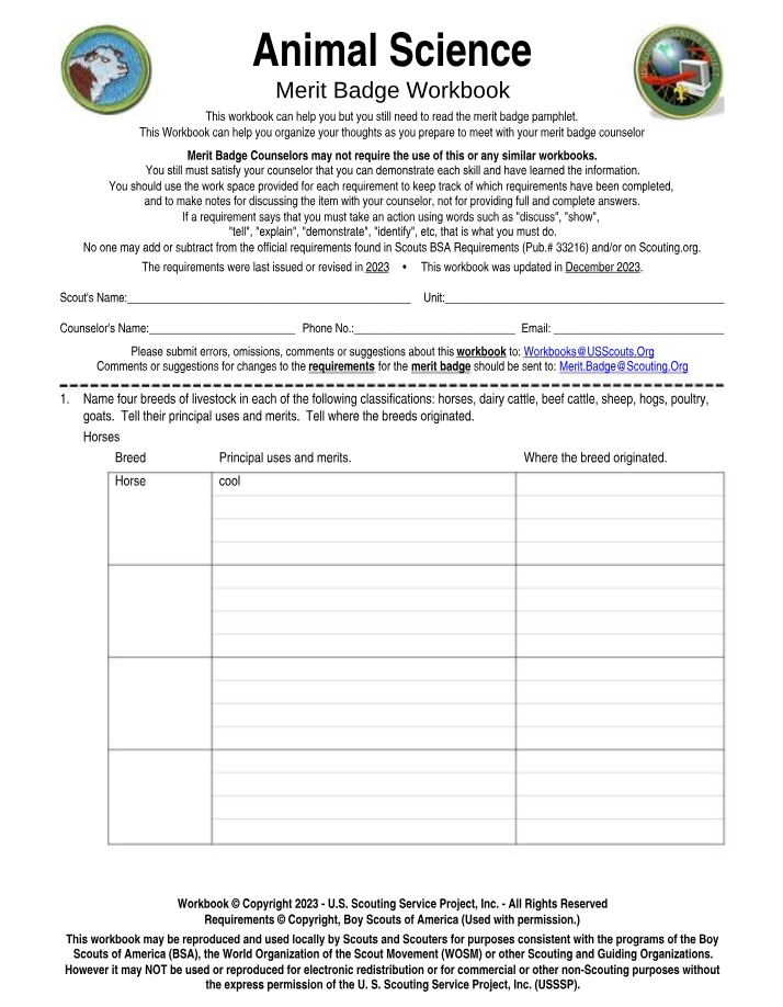 Workbook for Animal Science Merit Badge