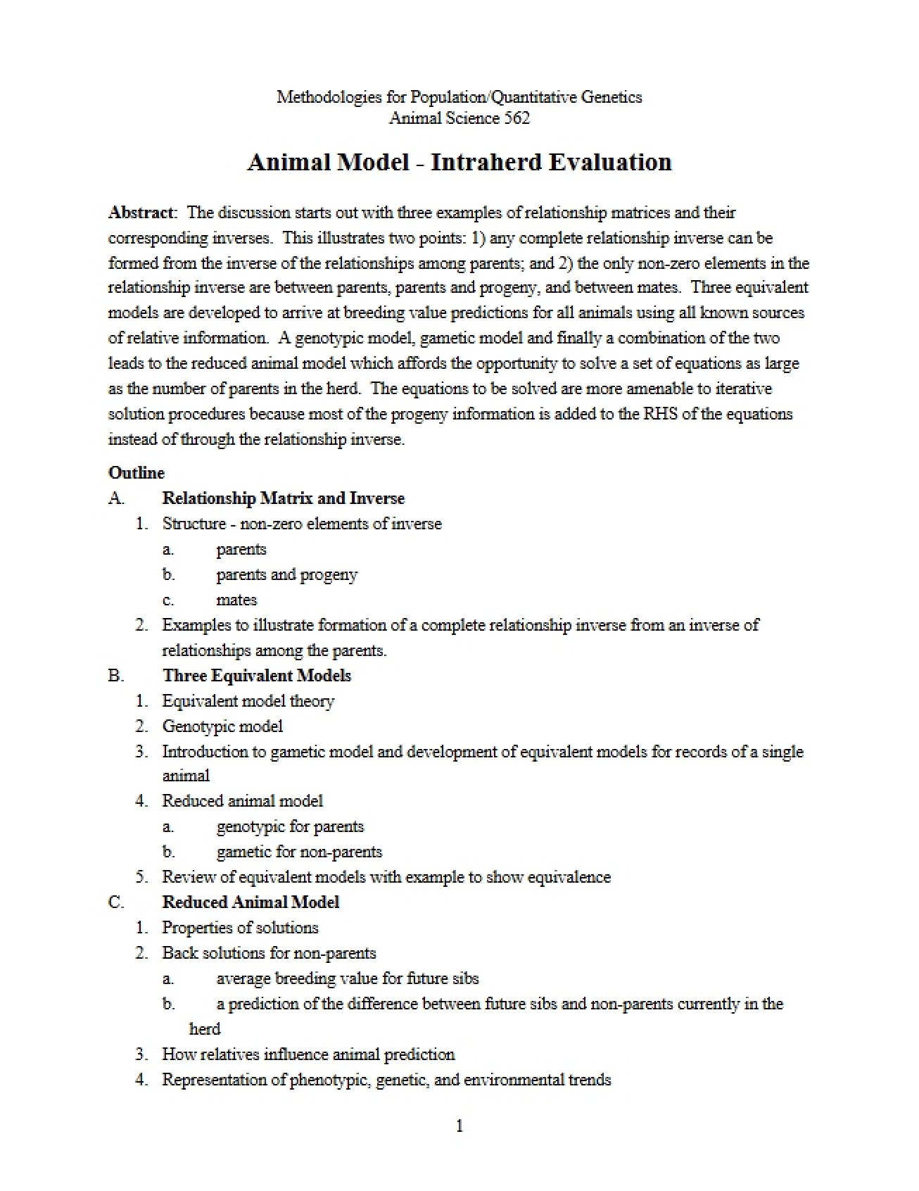 Intraherd Evaluation Using the Animal Model