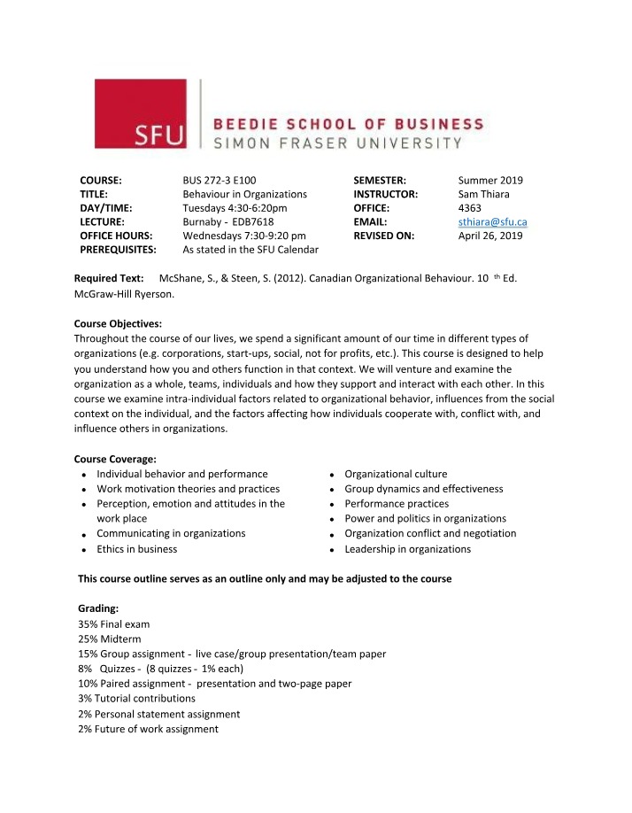BUS 272 Syllabus - Behavior in Organizations