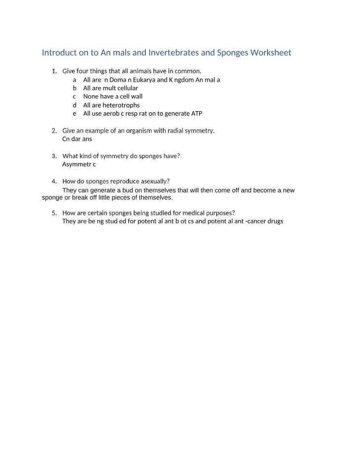 Worksheet on Introduction to Animals, Invertebrates, and Sponges