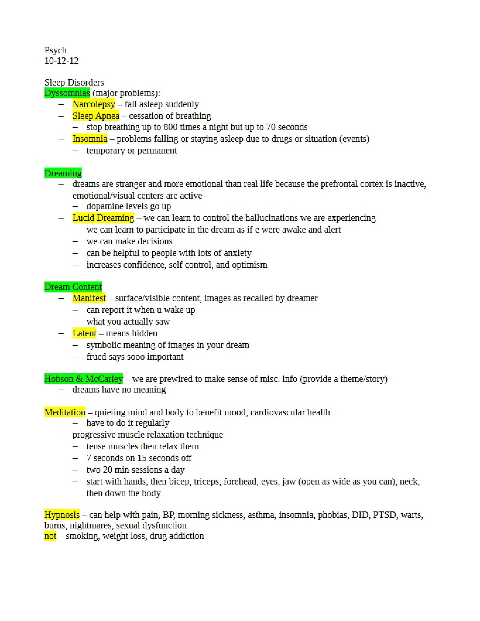 Psychology Lecture Oct 12, 2012