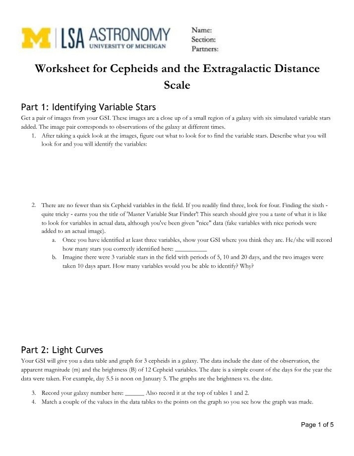 Worksheet - Identifying Variable Stars and Cepheids in Galaxies