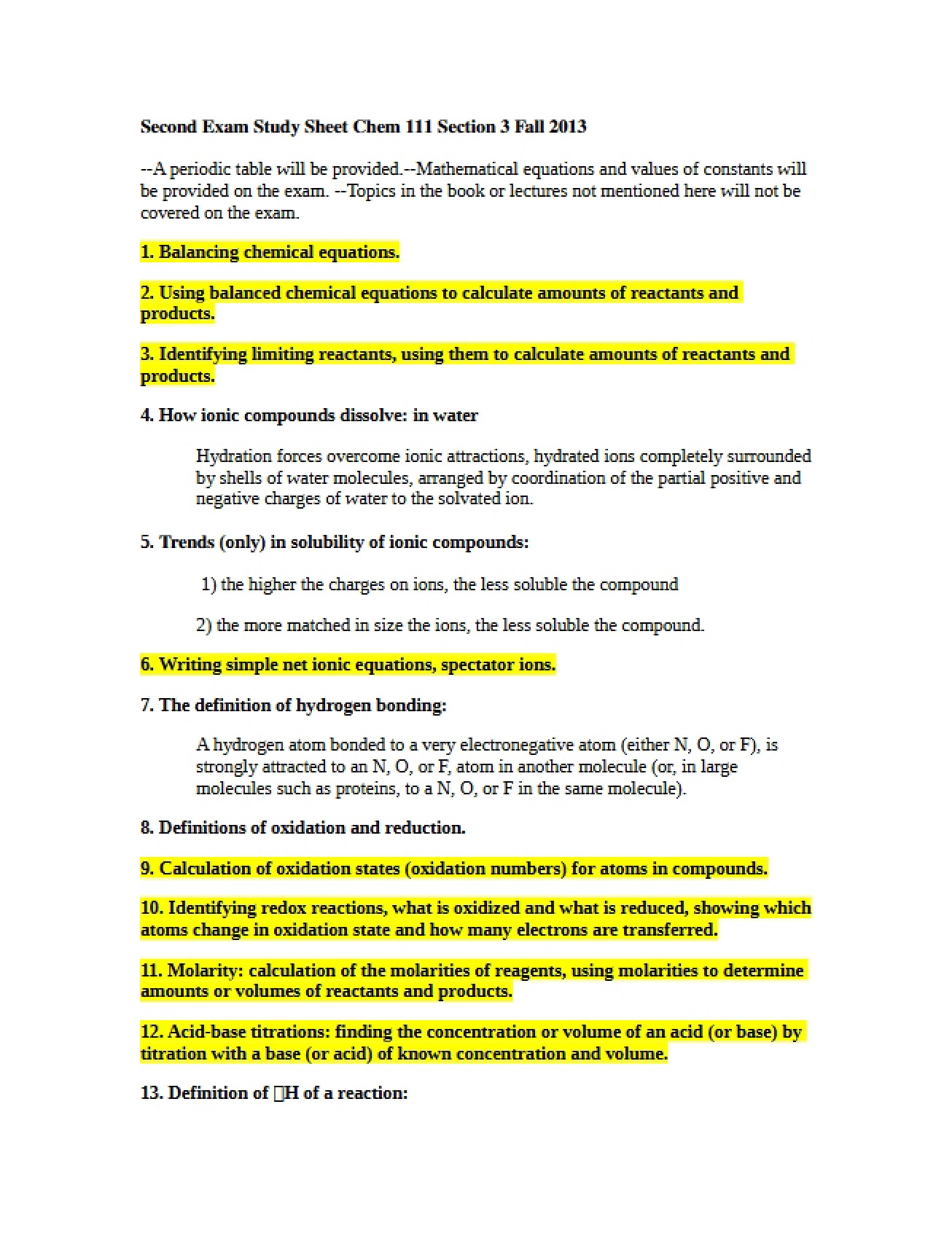 Fall 2013 Study Sheet Exam 2