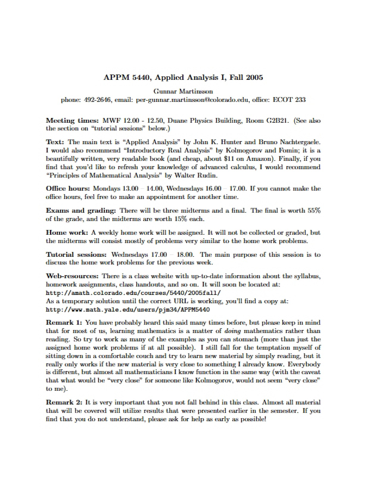 Syllabus for Applied Analysis 1