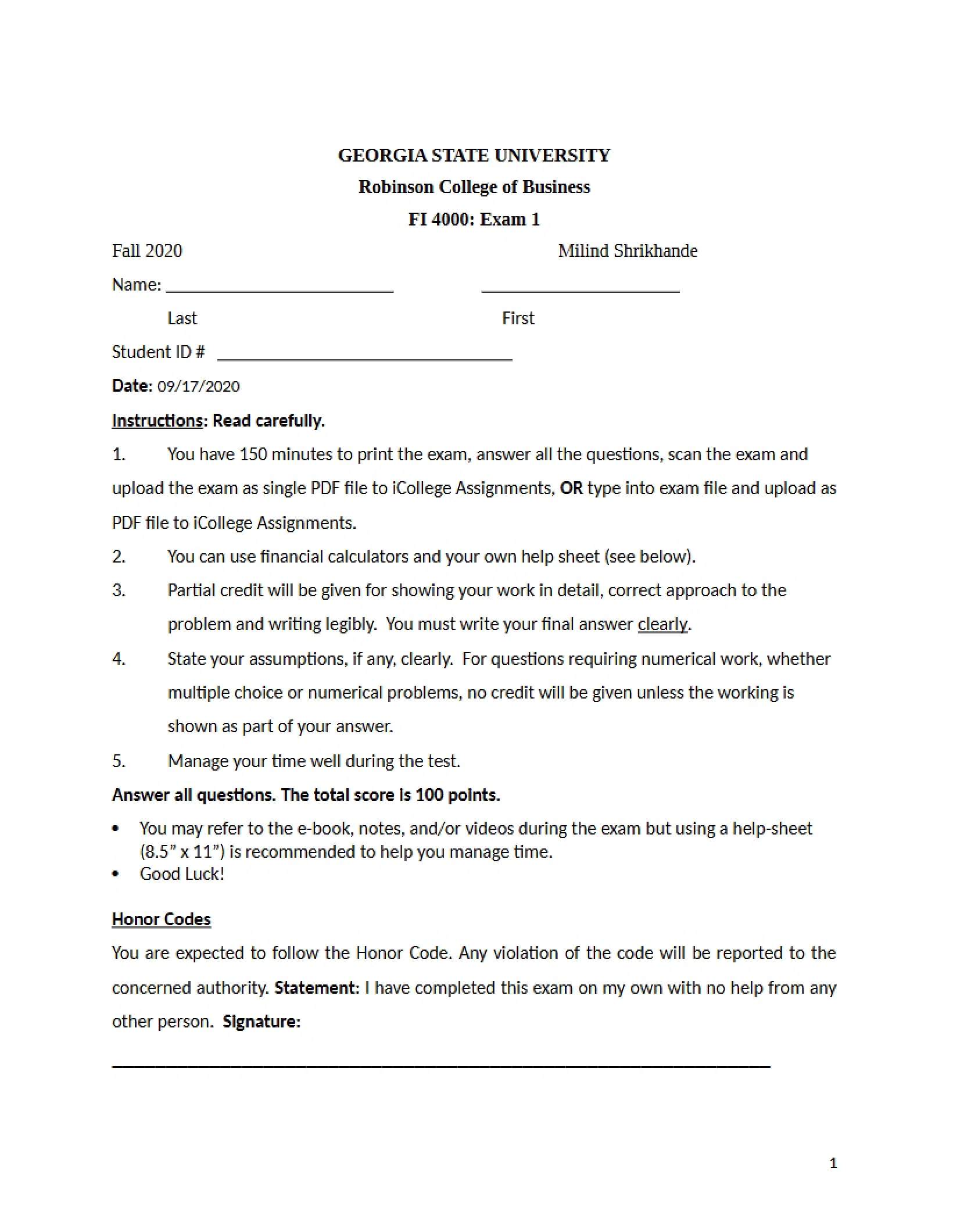 First Exam for Fundamentals of Valuation