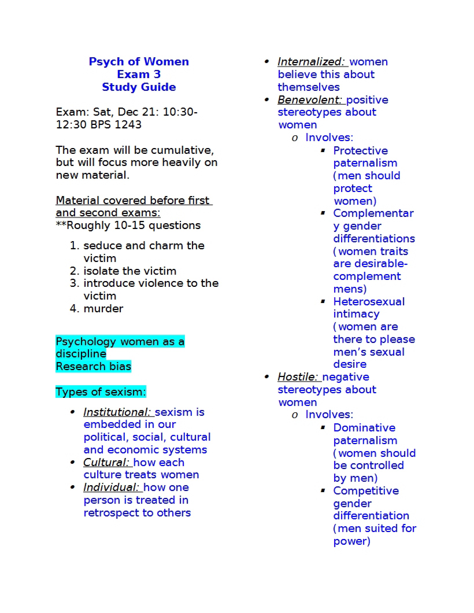 Review Material for Exam 3