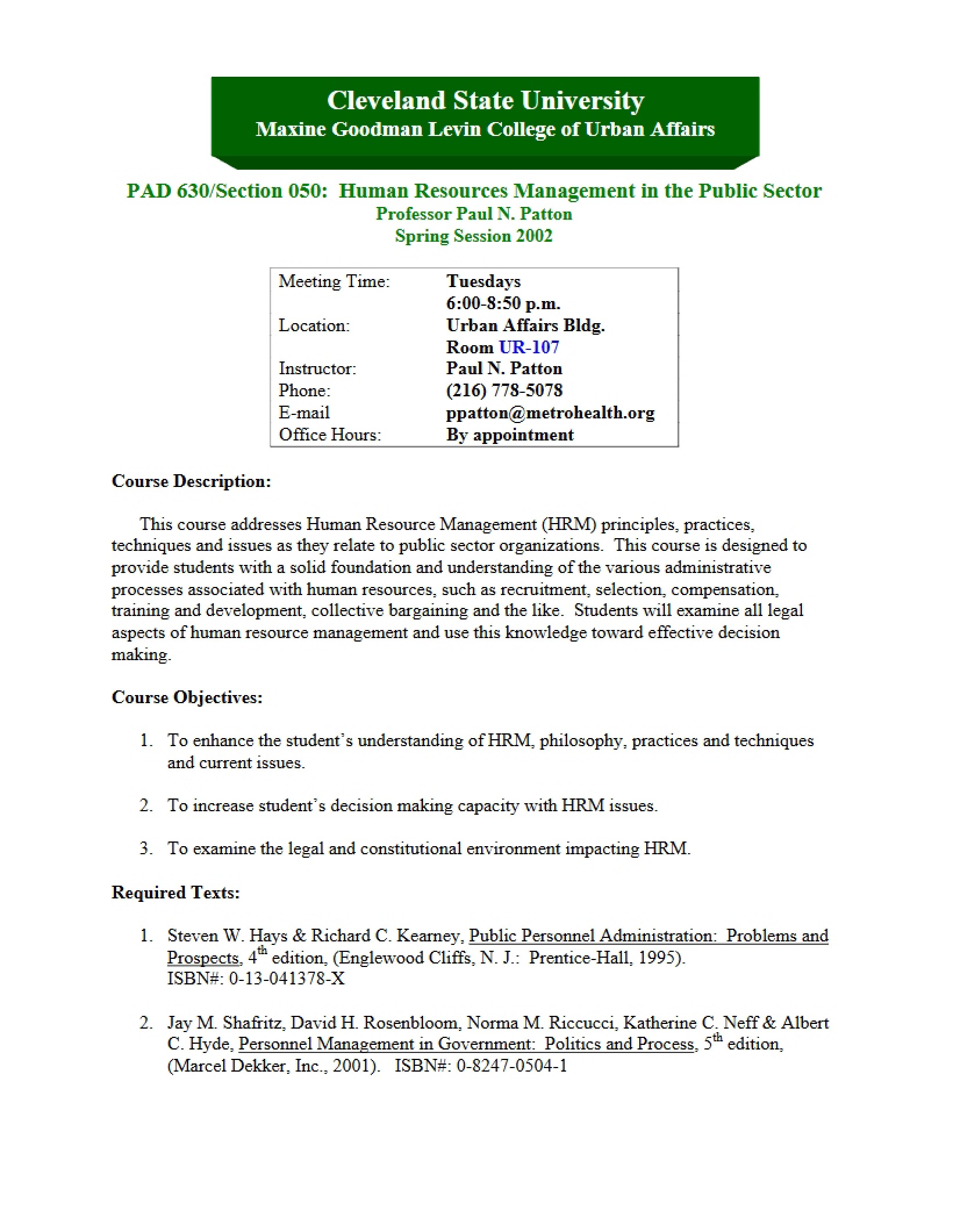 Human Resources Management Syllabus