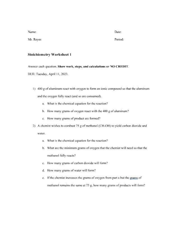 Worksheet 1 - Stoichiometry