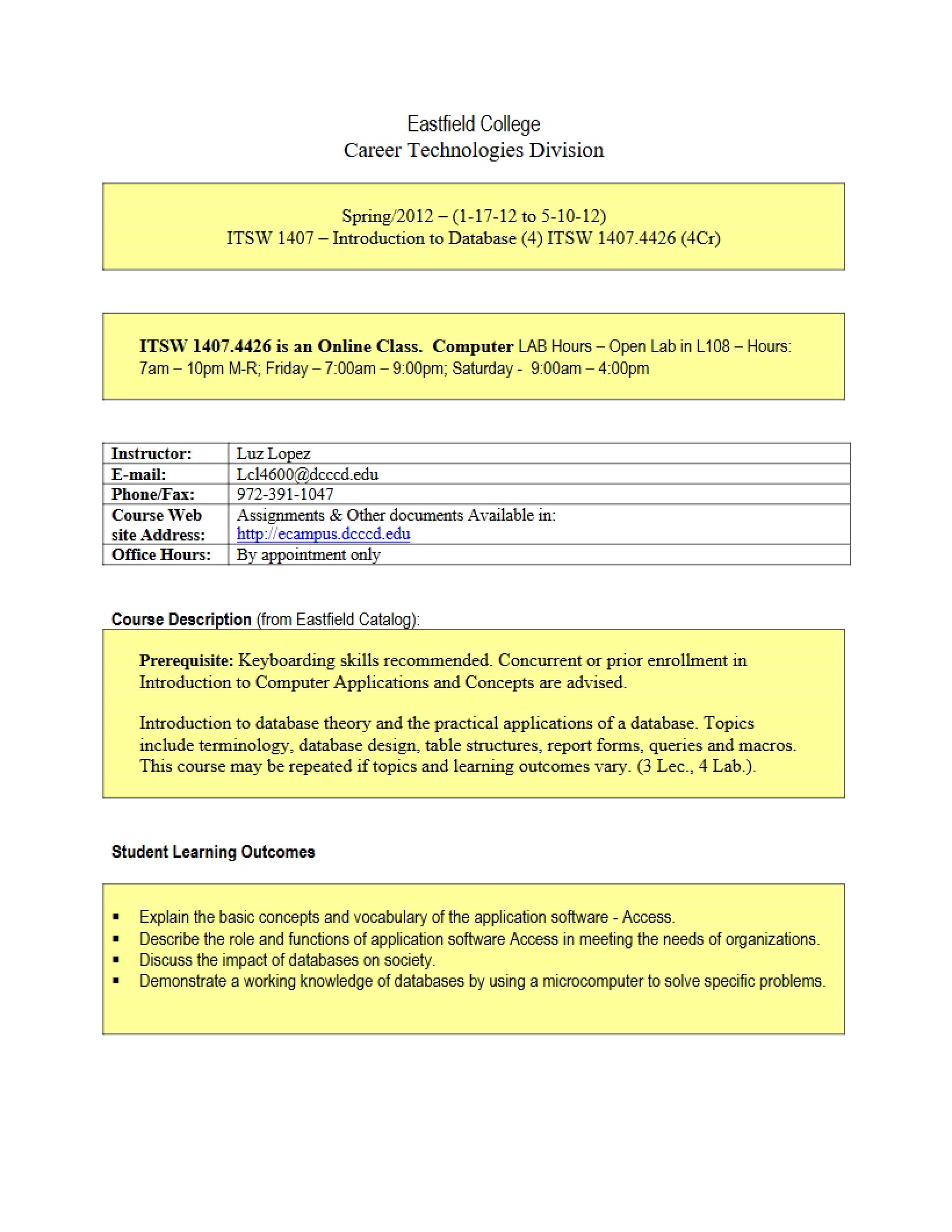 Syllabus for Access 2013