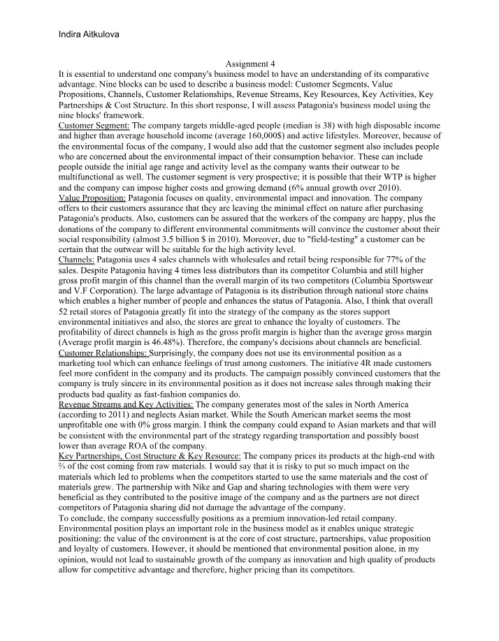 Patagonia's Business Model - Nine Blocks Framework Assessment