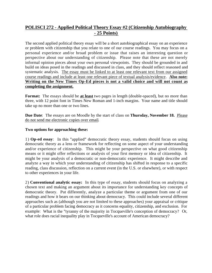 Citizenship Autobiography - Applied Political Theory Essay 2