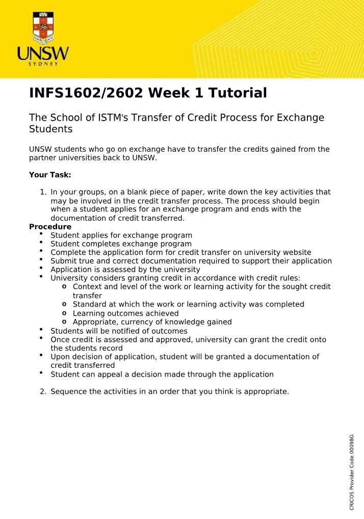 Tutorial 1 - INFS1602-2602