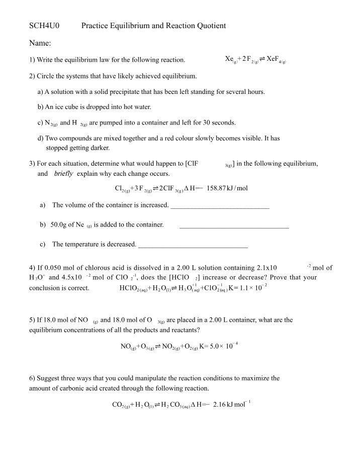 Equilibrium and Reaction Quotient Practice