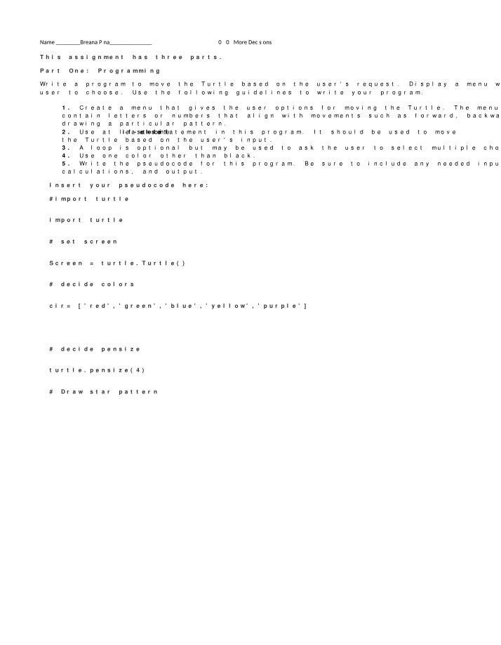 Menu for User-Controlled Movements - Programming Turtle