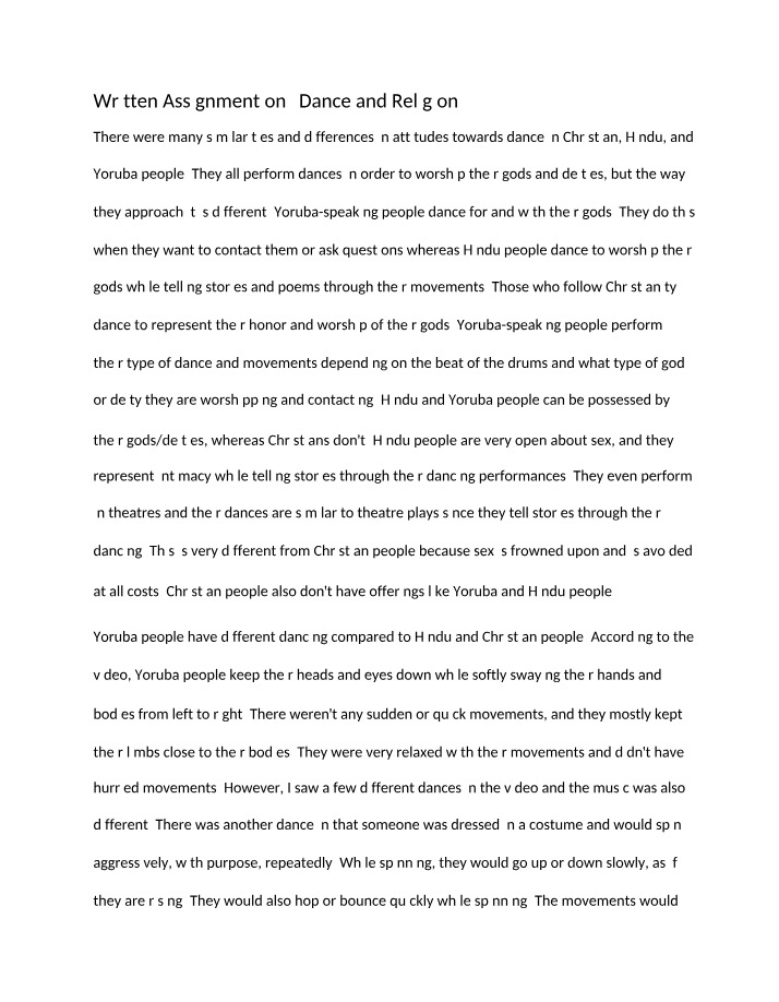 Dance and Religion Written Assignment Essay