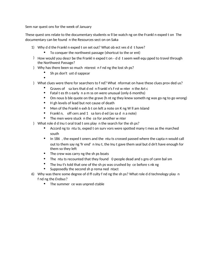 Seminar Questions on the Franklin Expedition