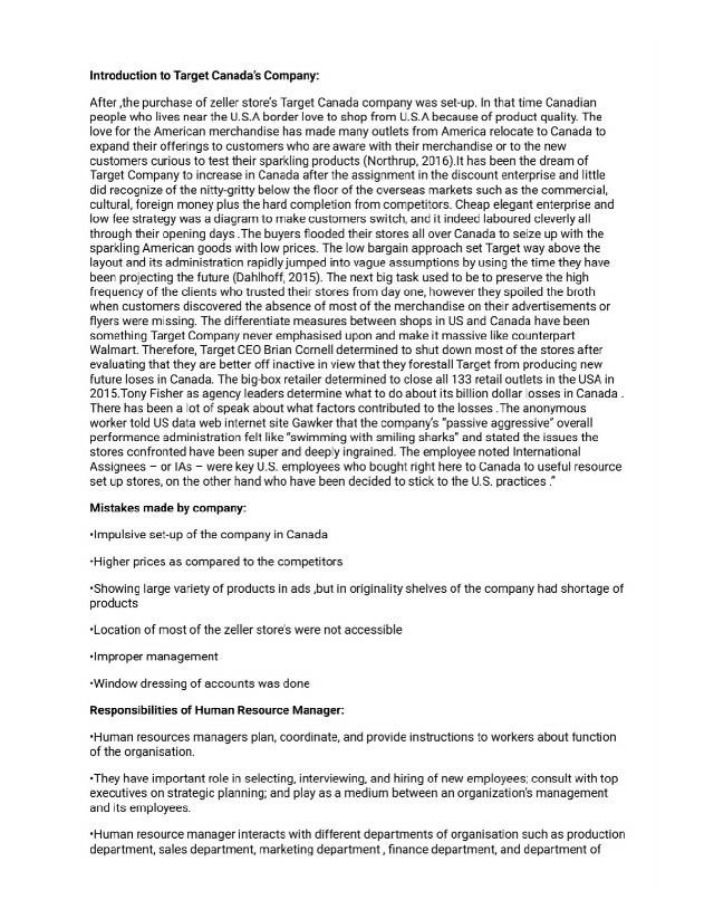 Human Resource Manager Responsibilities at Target Canada