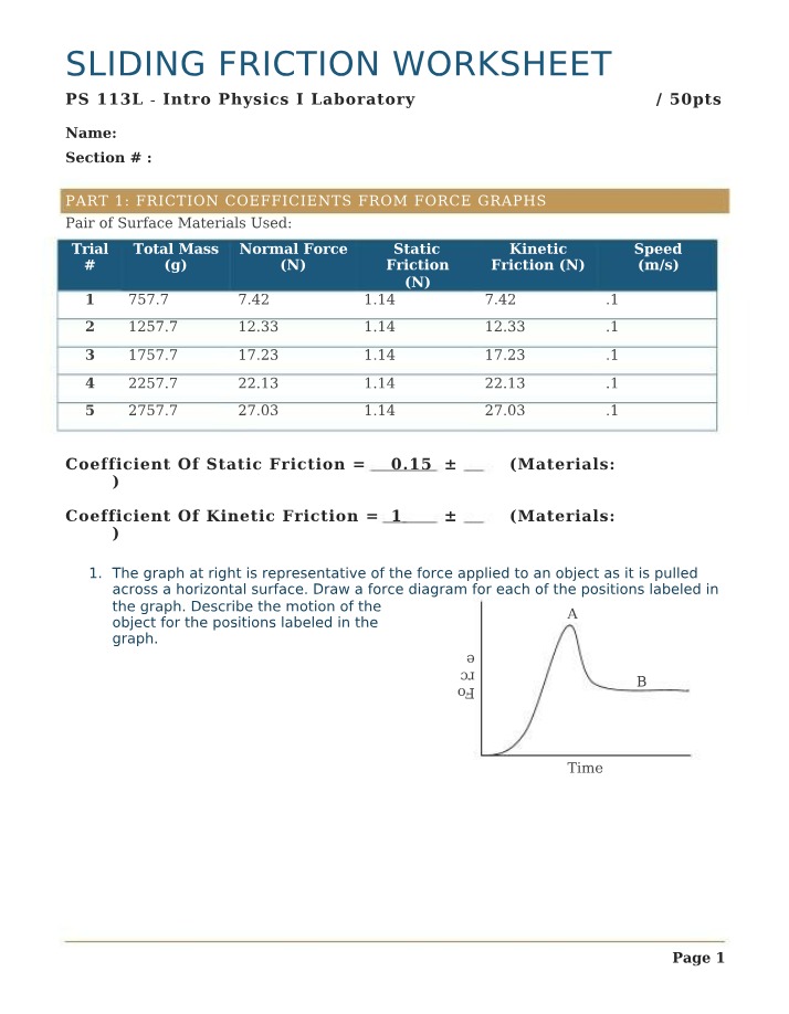 Sliding Friction Worksheet Part C