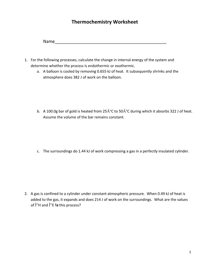 Worksheet on Thermochemistry