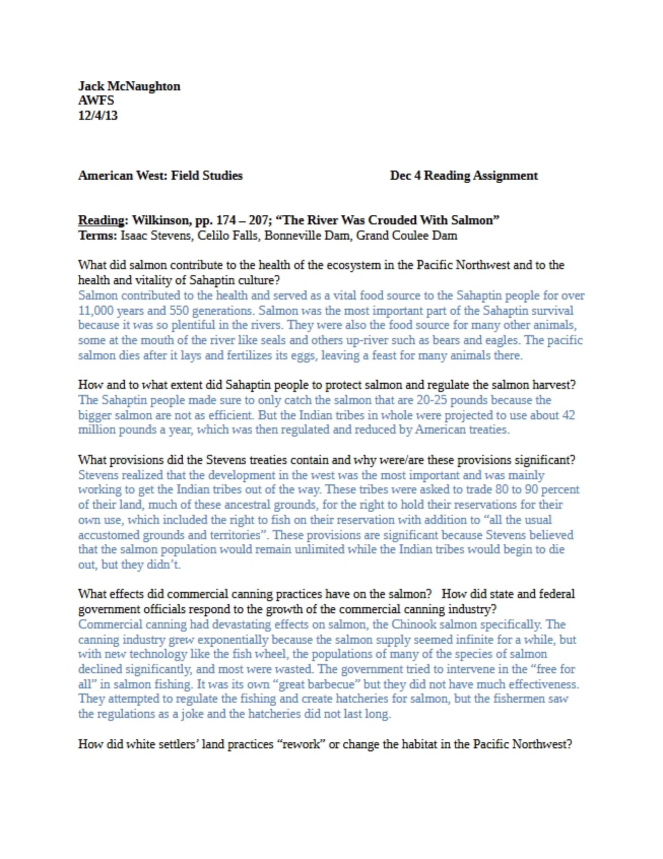 Thirteenth Reading Assignment for the American West