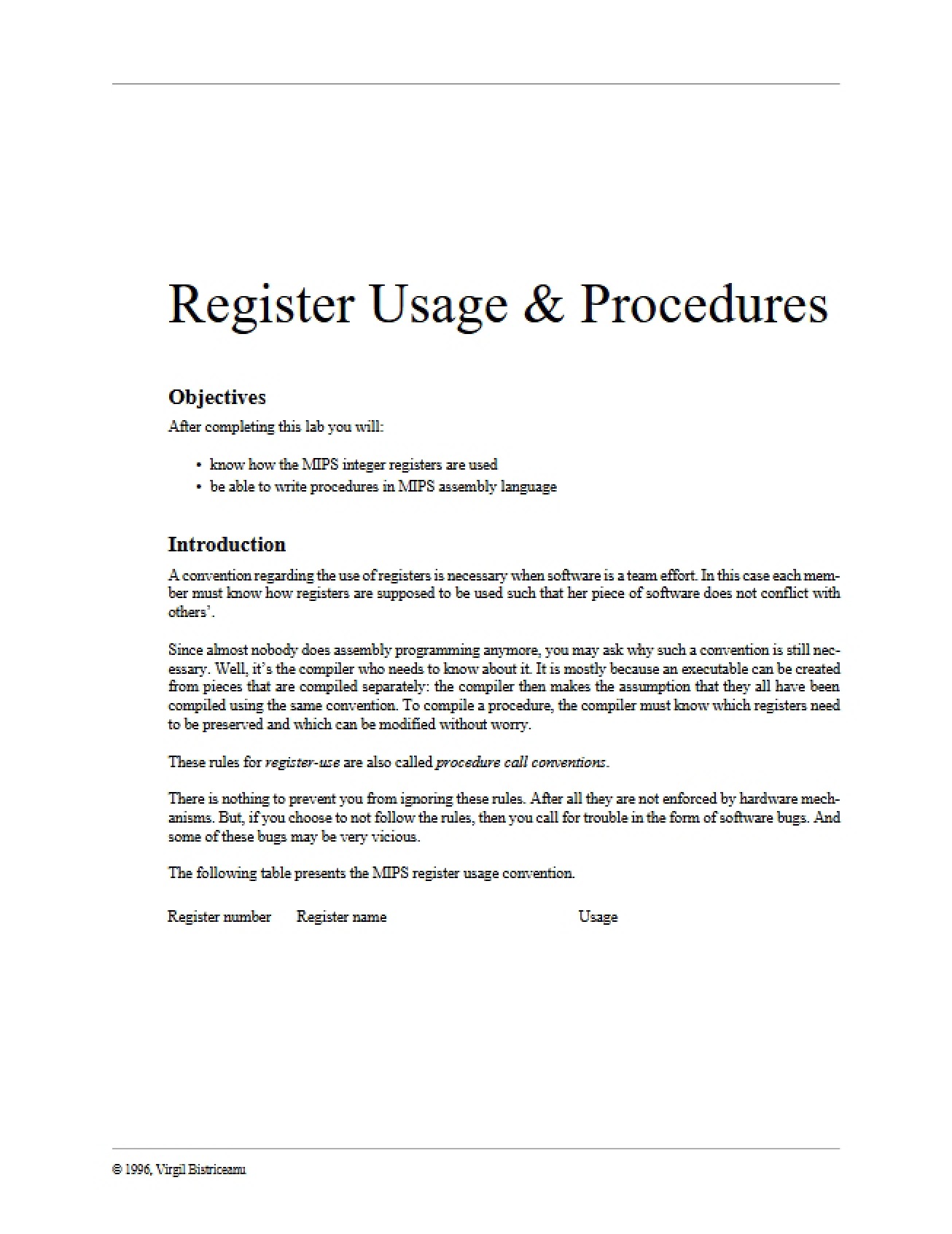 Procedures and Register Usage