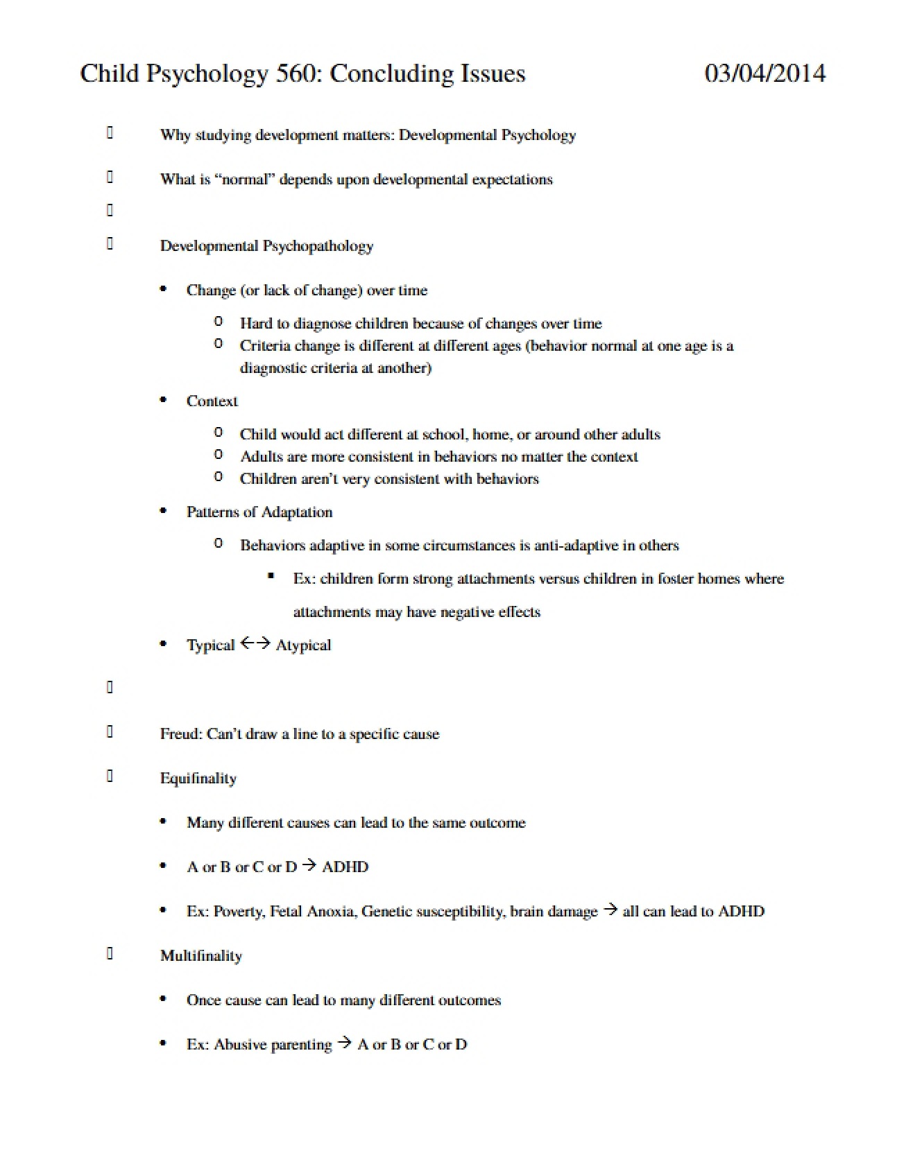 Notes on Lectures Child Psych 560