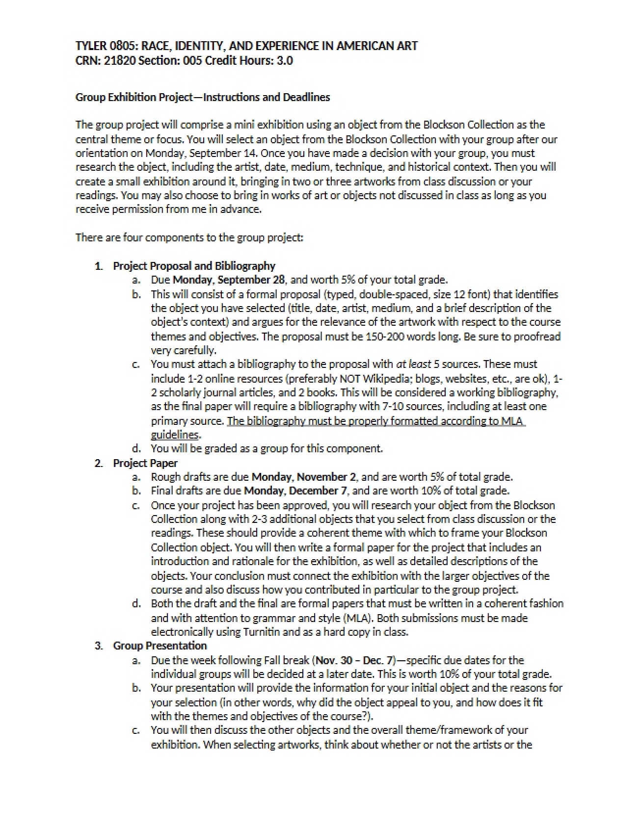 Instructions and Deadlines for a Group Exhibition Project