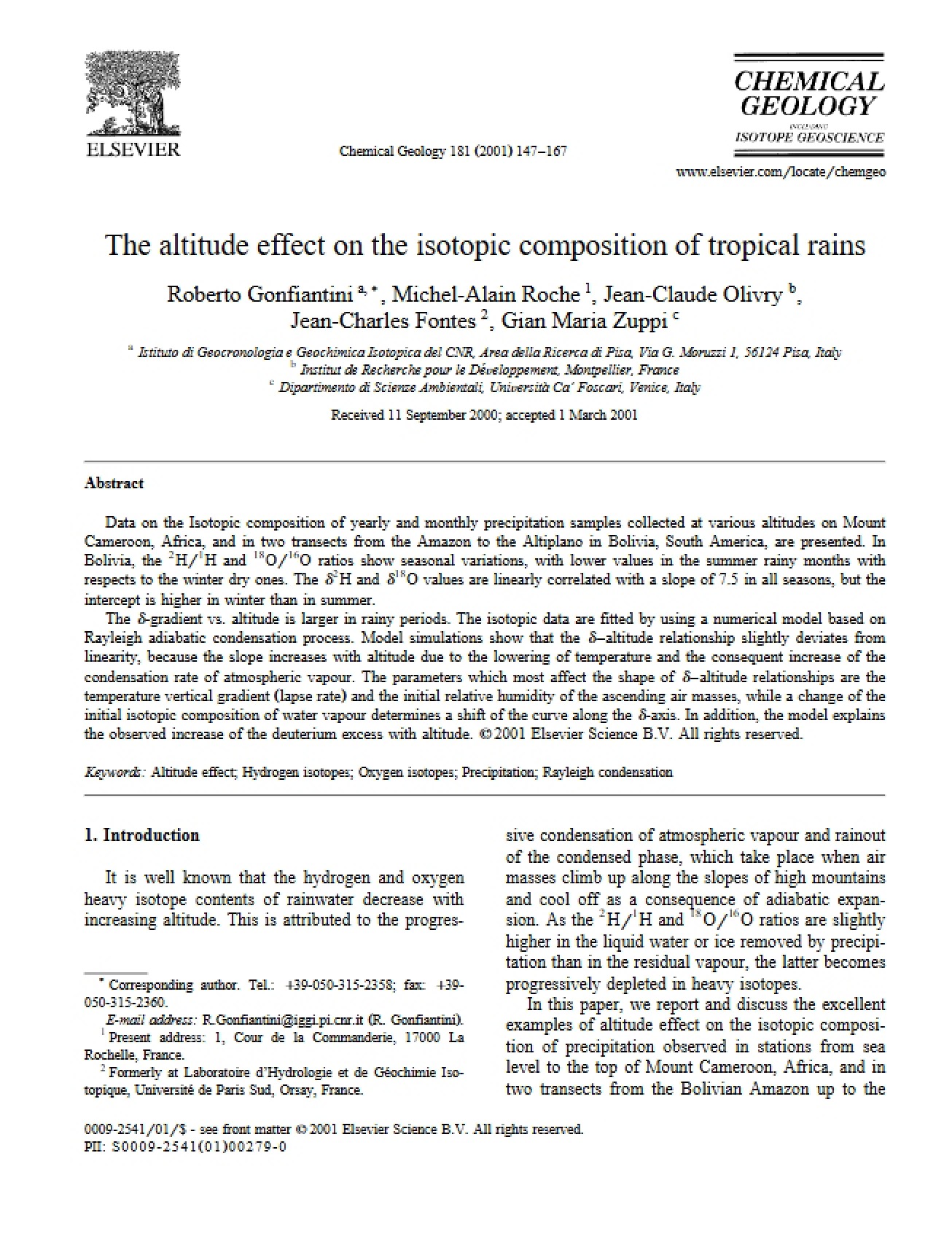 Altitude Effect on the Isotopic Composition of Tropical Rains