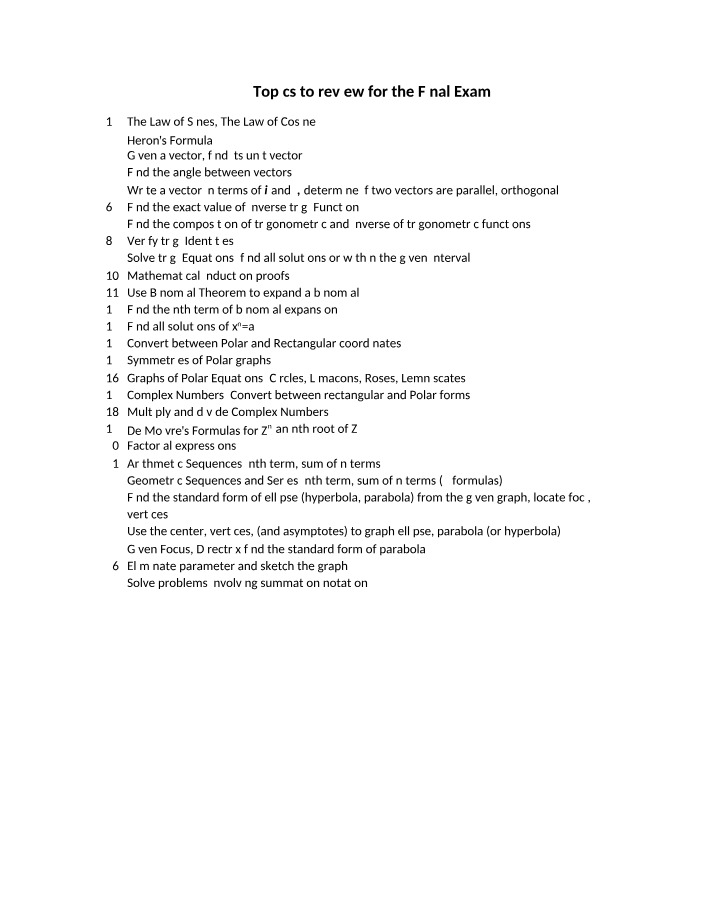 Final Exam Review Topics - Trigonometry and Complex Numbers