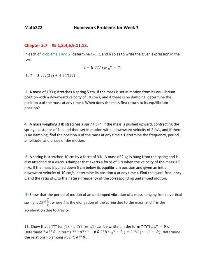 Math 222 Homework Problems - Week 7 Spring Motion