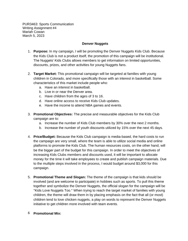 Writing Assignment 4 - Denver Nuggets Kids Club Promotion