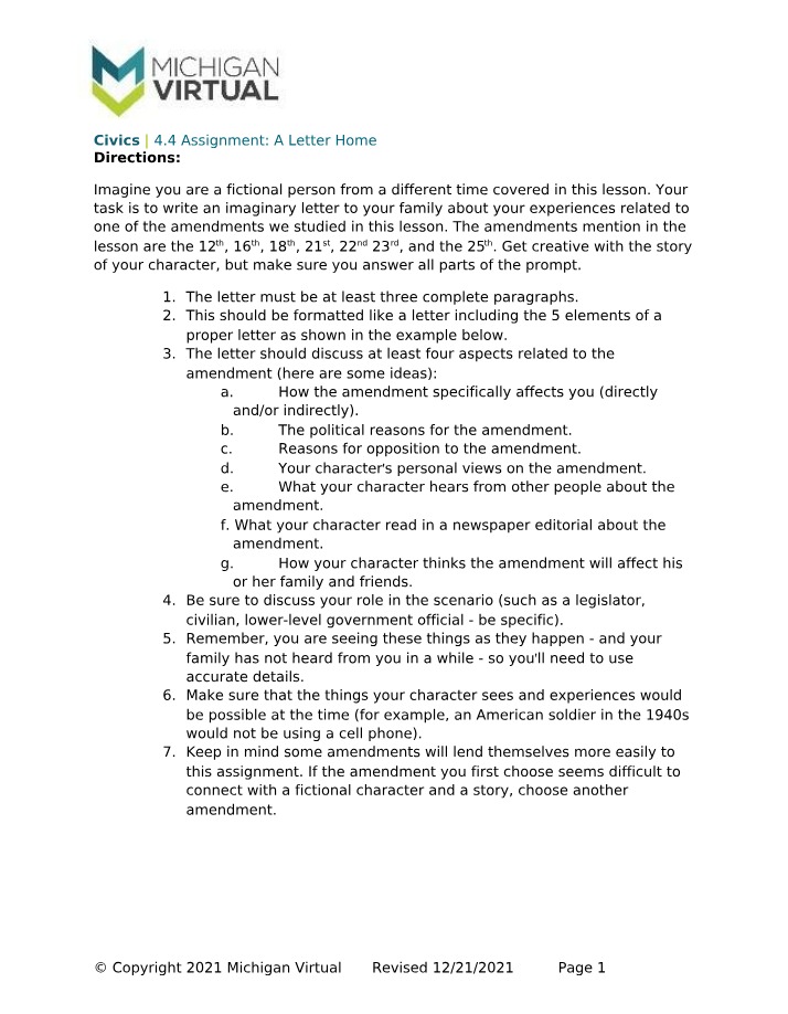 Civics Assignment - A Letter Home