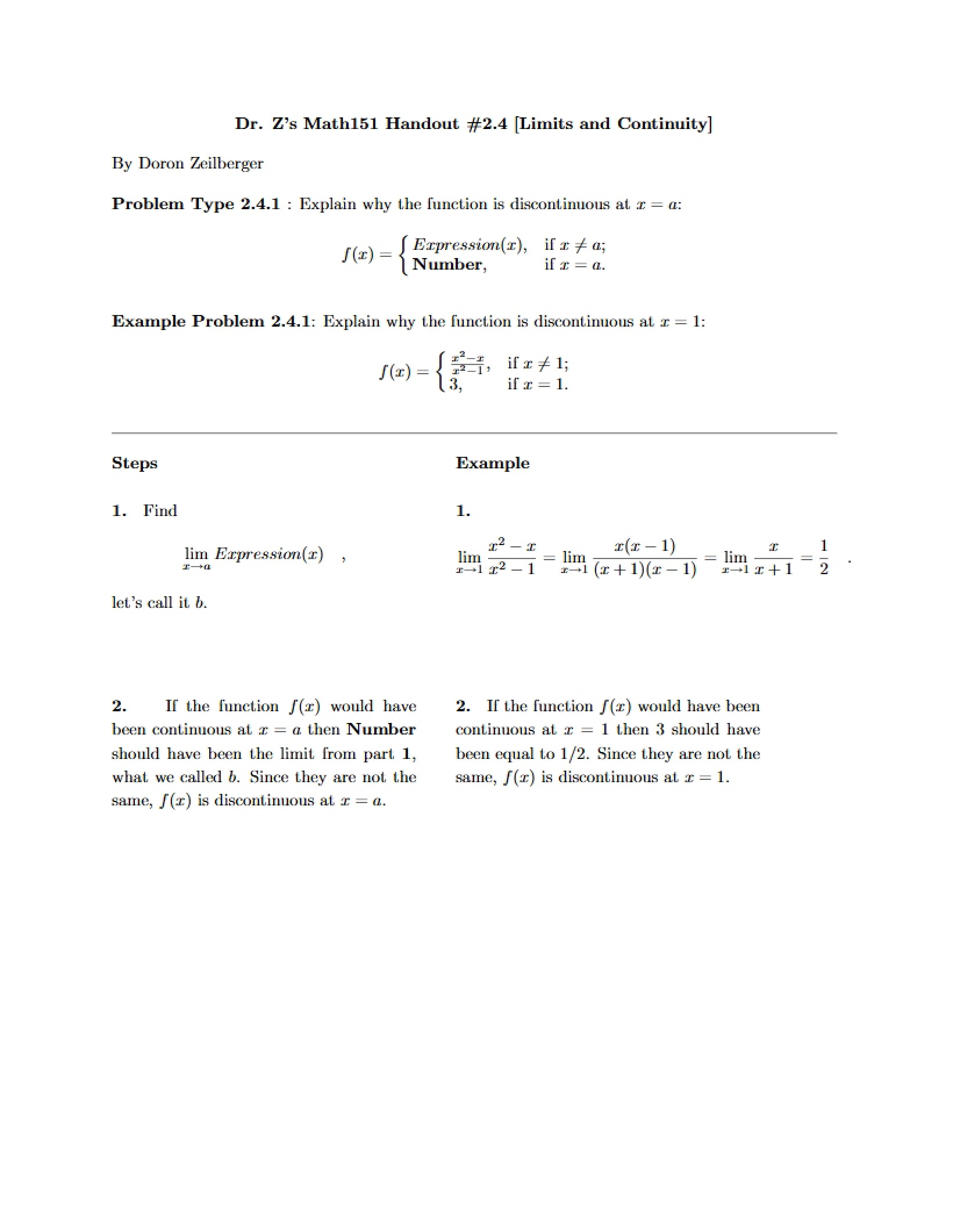 Handout on Continuity and Limits