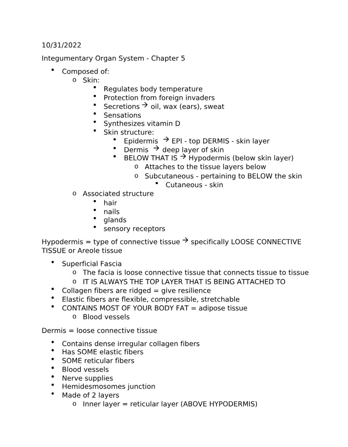 Integumentary Organ System Notes - Chapter 5