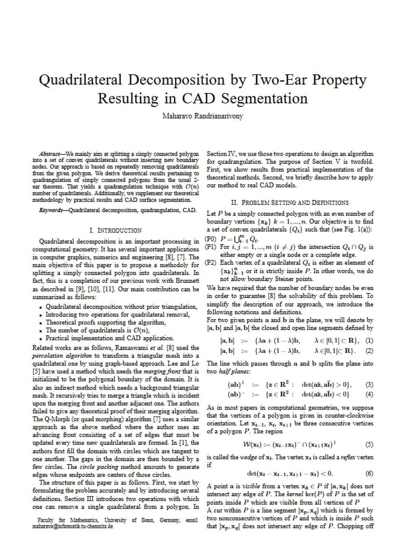 CAD Segmentation via Two-Ear Property Quadrilateral Decomposition