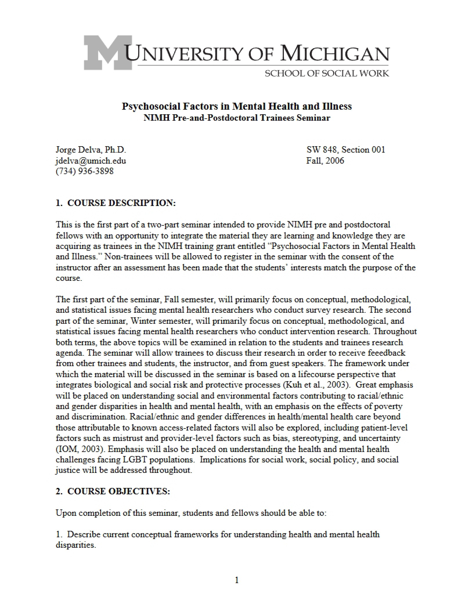 Mental Health Psychosocial Factors Syllabus