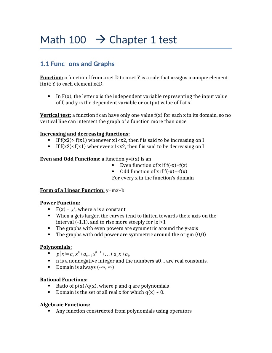 Chapter 1 Calculus Test