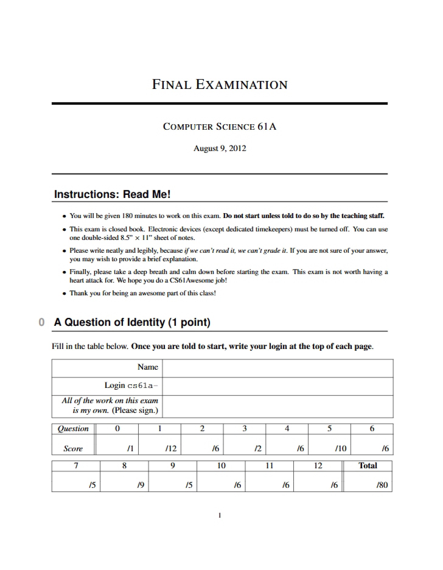 Final Exam 61A Summer 2012