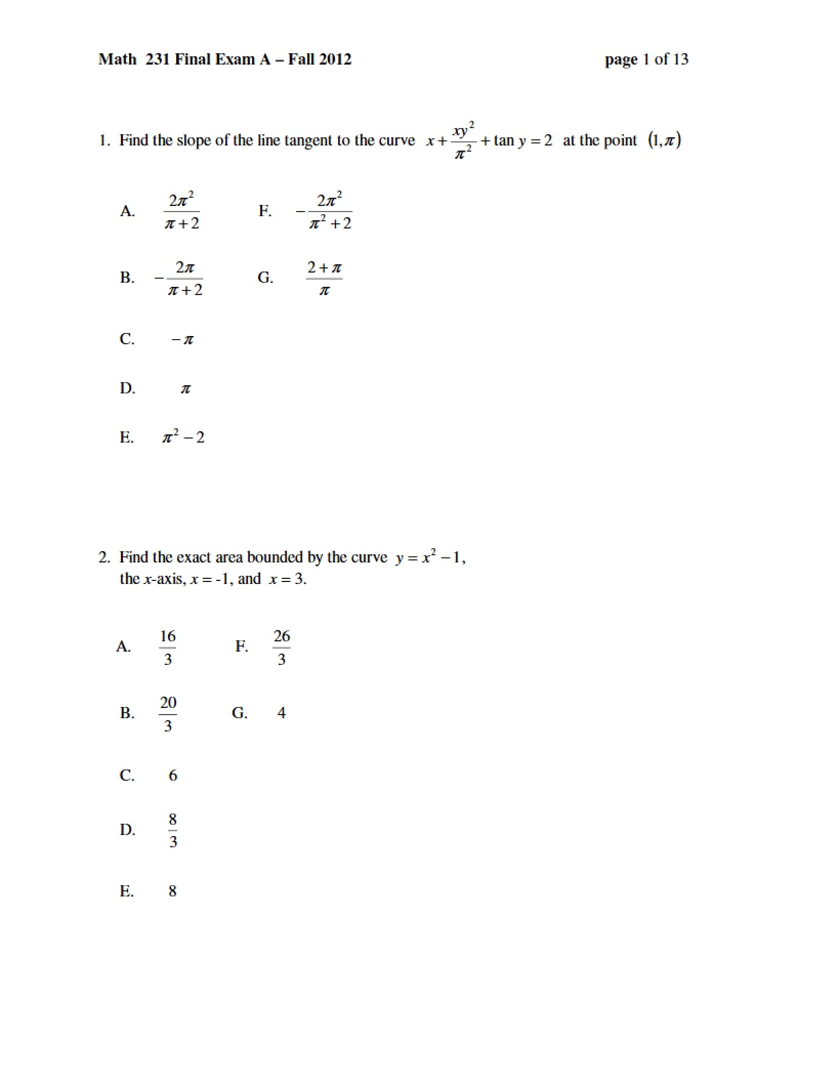 Final Examination Calculus I