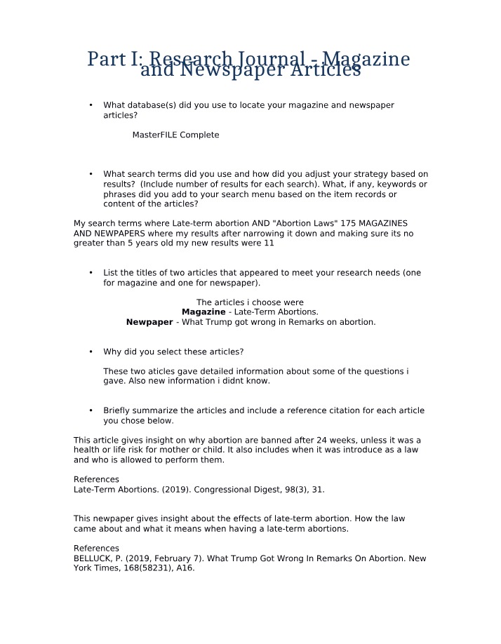 Newspaper and Magazine Articles - Research Journal