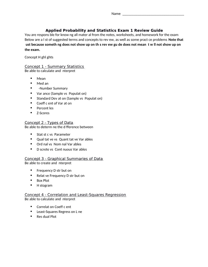Exam 1 Review Guide - Applied Probability and Statistics