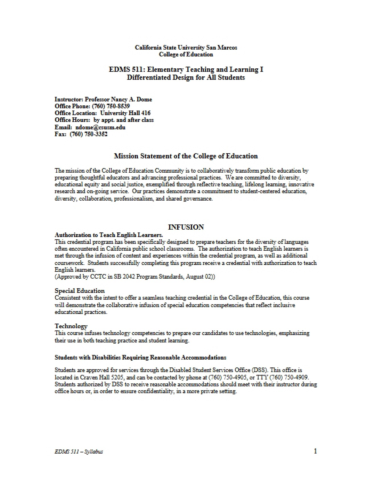 Elementary Teaching and Learning One Syllabus V3