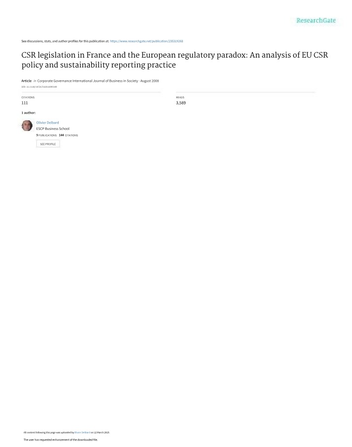 CSR Legislation in France - The European Regulatory Paradox